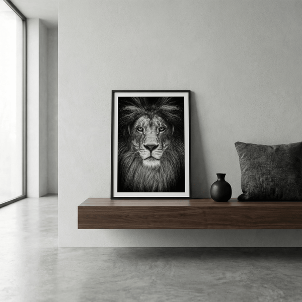 Monochrome lion portrait print with stark contrast and layered mane texture