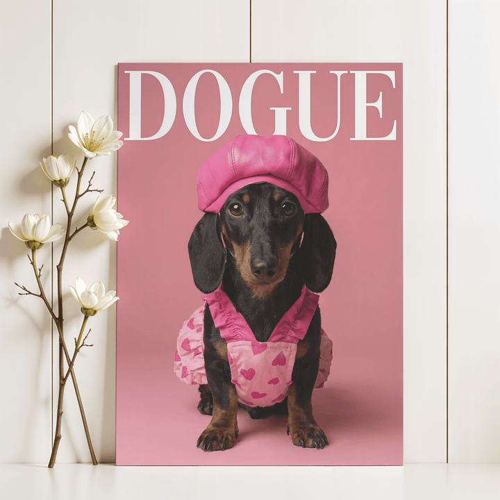 Fashion Dachshund wall art of dachshund in pink outfit on a pink background beside white flowers