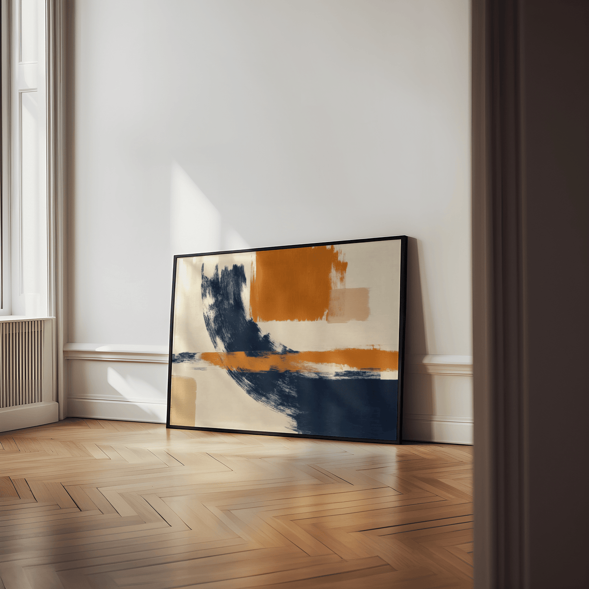 Blue and Orange Art poster featuring blue, orange brushstrokes for office decor