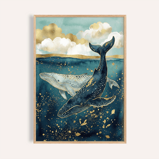 Whale Wall Art with Blue and Gold for a bedroom, wall art print
