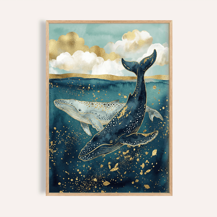 Whale Wall Art with Blue and Gold for a bedroom, wall art print