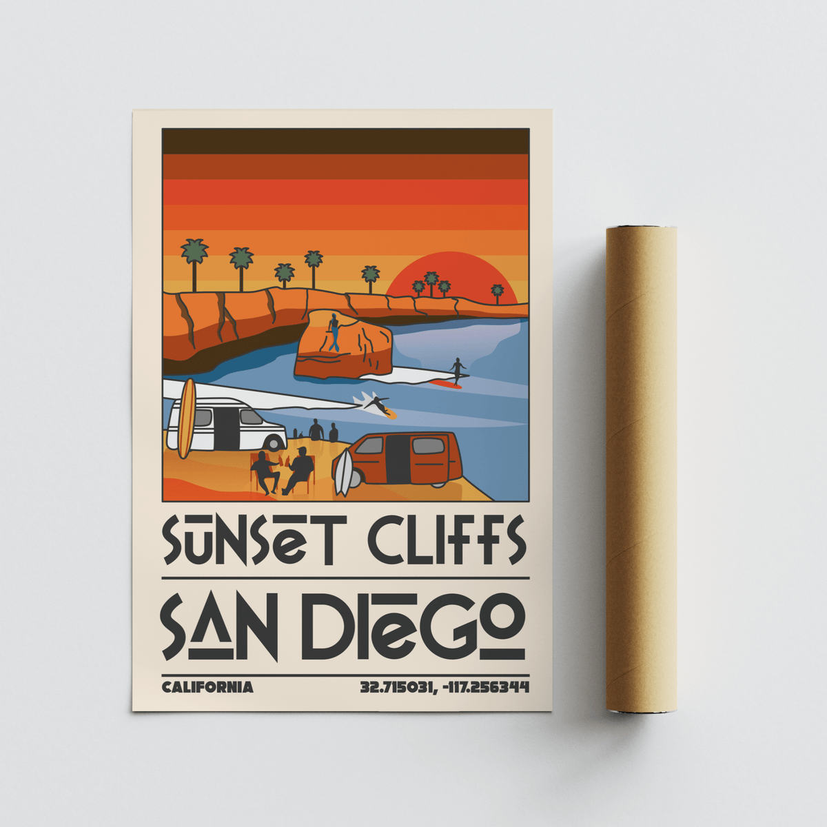 Coastal illustration poster with palm trees and cliff outlines, San Diego travel wall art