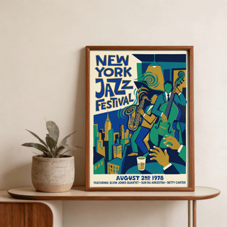 Geometric Jazz Music Poster in Gold, Green, Blue, and Beige palette