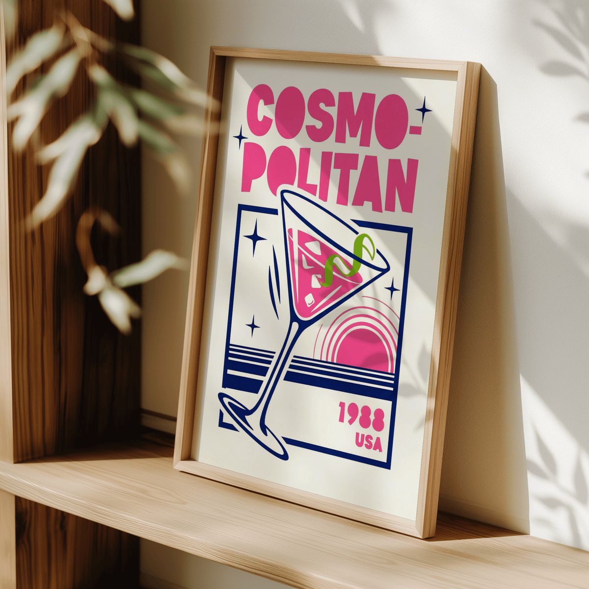 Cosmopolitan Cocktail Art Print in Pink and Blue for bar wall art decor