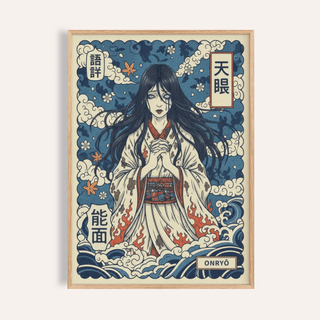 Front view of Japanese Ghost Print poster with long-haired spirit figure and cloud border