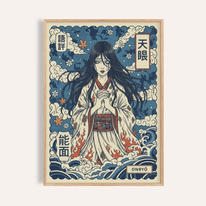 Front view of Japanese Ghost Print poster with long-haired spirit figure and cloud border