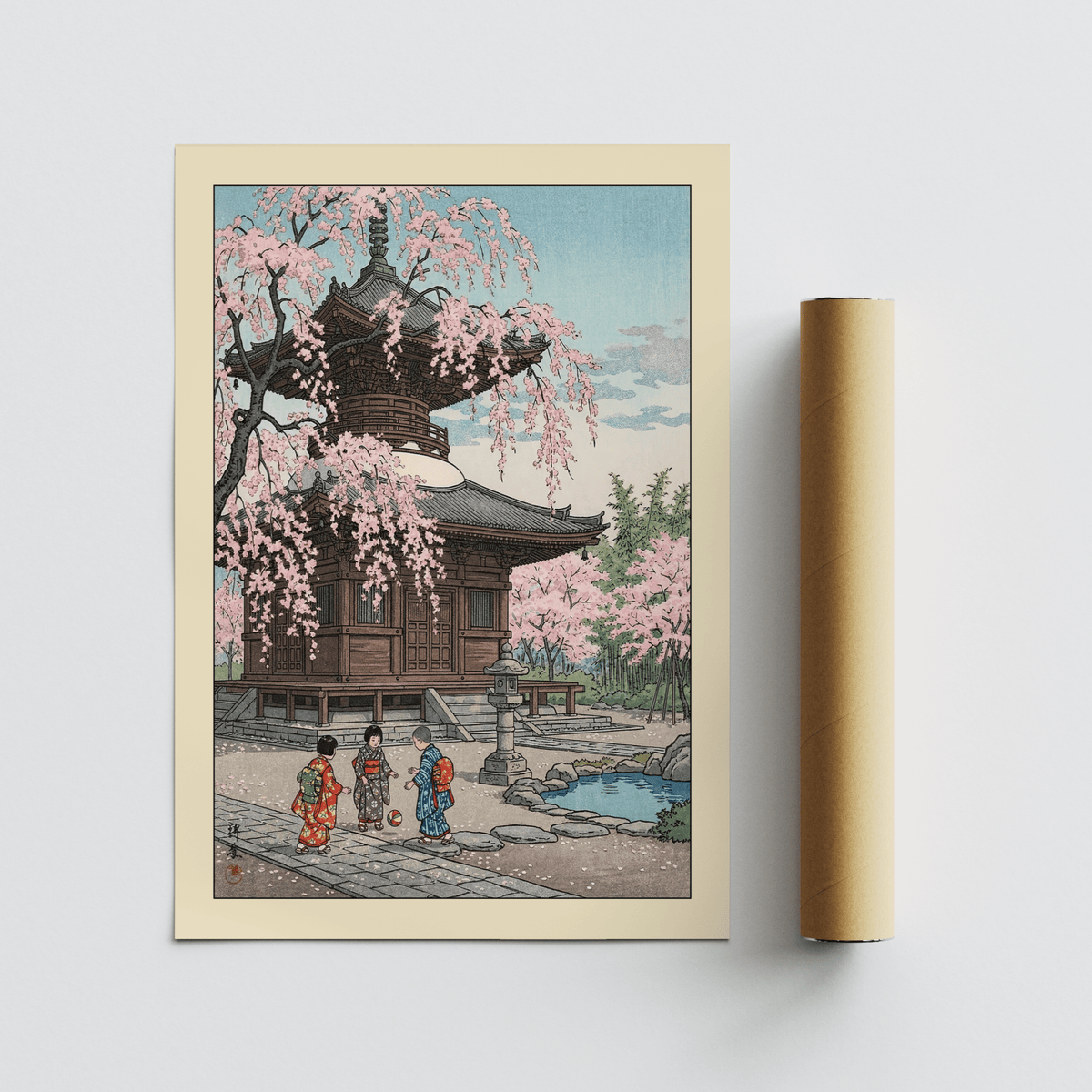 Cascading sakura branch detail from a Japanese Cherry Blossom Art Print wall art poster
