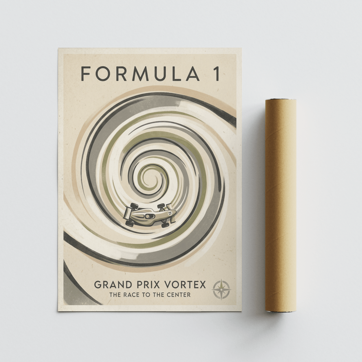 Retro Formula 1 graphic print displayed in modern living room setting