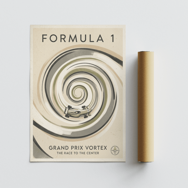 Retro Formula 1 graphic print displayed in modern living room setting