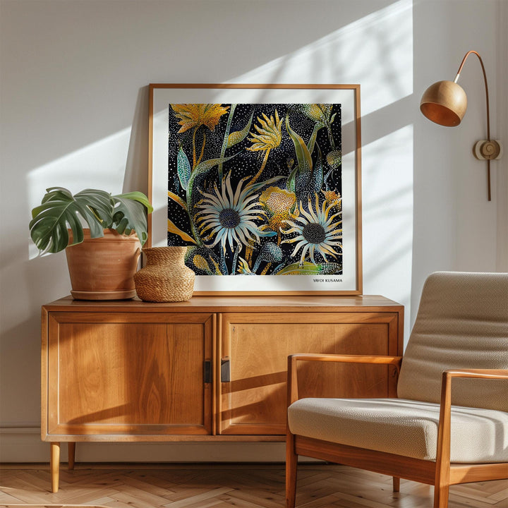 Abstract art floral print with yellow dotted flowers leaning on a wooden sideboard with plants