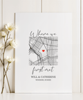 Heart on Map Print with decorative Red heart, Black lines, wall art for office