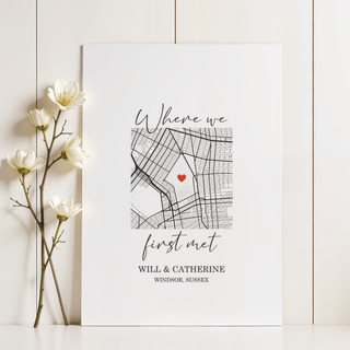 Heart on Map Print with decorative Red heart, Black lines, wall art for office