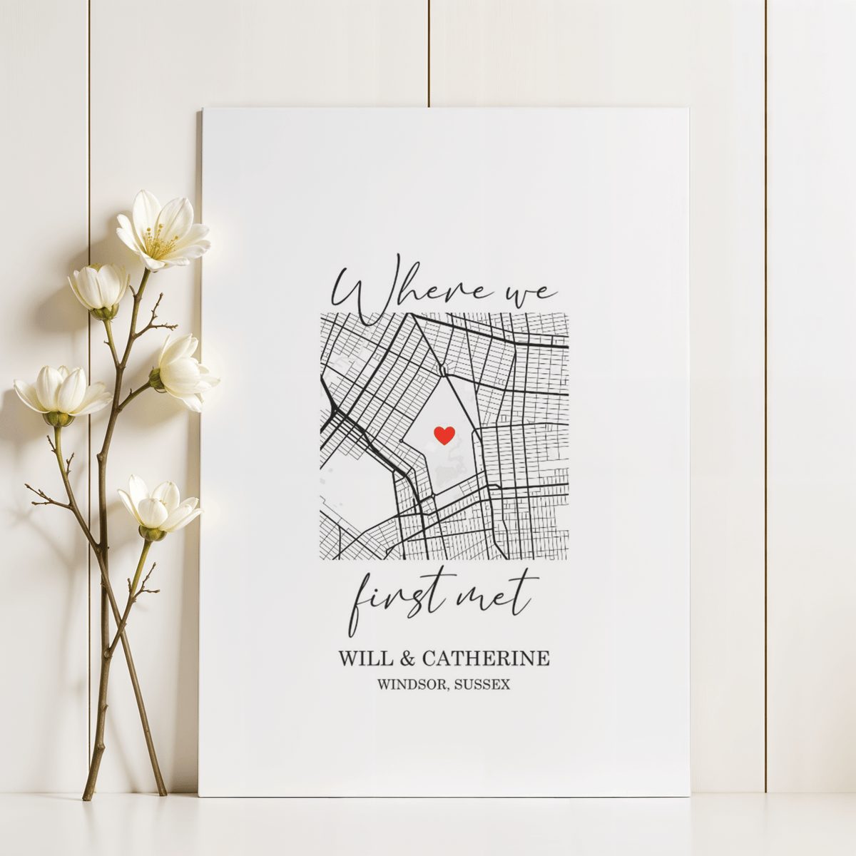 Heart on Map Print with decorative Red heart, Black lines, wall art for office