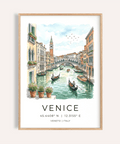 Venice Canal Art Print of gondolas under arched stone bridge