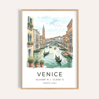 Venice Canal Art Print of gondolas under arched stone bridge