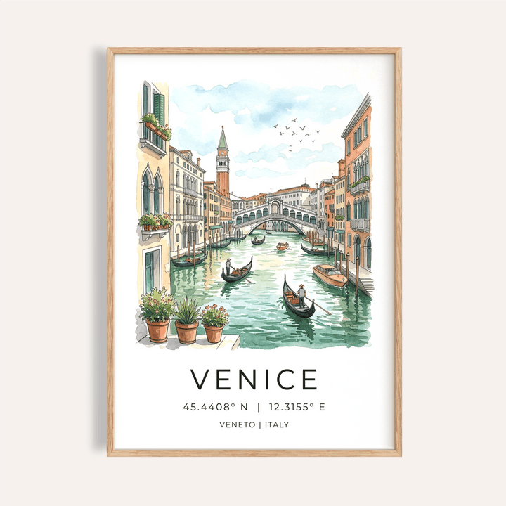 Venice Canal Art Print of gondolas under arched stone bridge