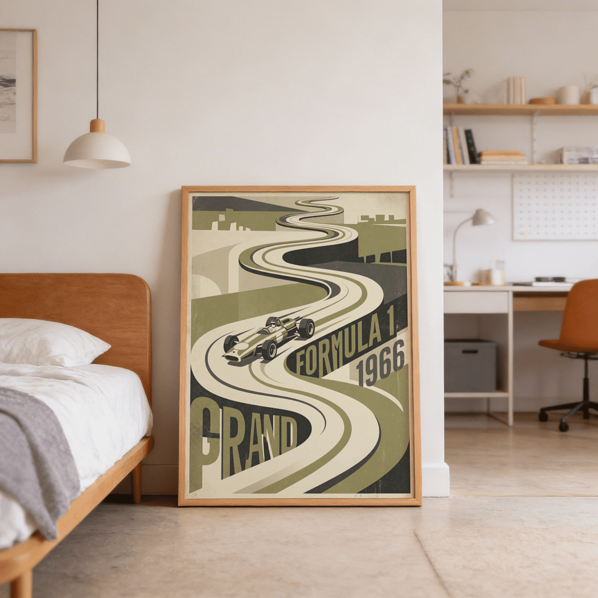 Textured racing poster print showing open-wheel car entering a long serpentine road and large year numerals