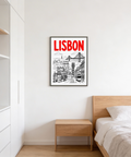 Minimal line drawing Lisbon street scene with tram, poster print