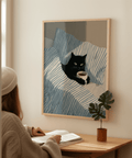 Cat In Bed Poster in blue and white, ideal for relaxing living spaces