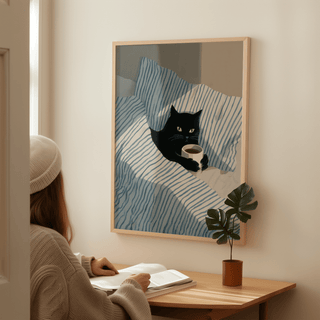 Cat In Bed Poster in blue and white, ideal for relaxing living spaces