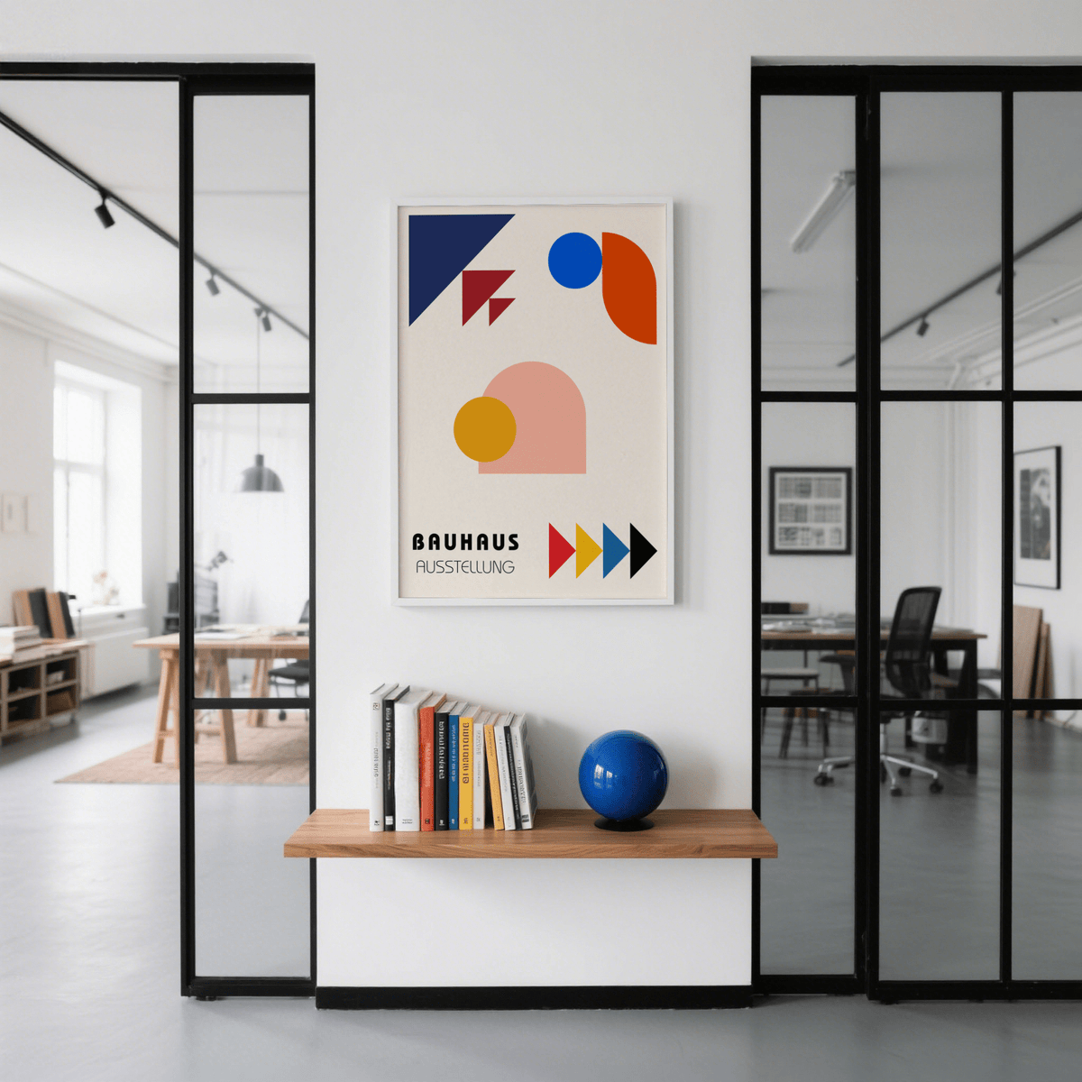 Stylish Abstract Geometric Art art print with Orange and Blue accents for dining room wall art