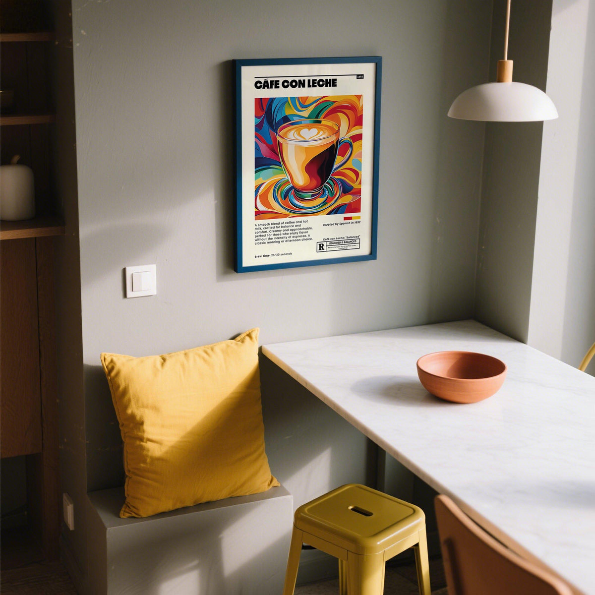 Spanish-inspired cafe con leche art print ideal for coffee corner decor.