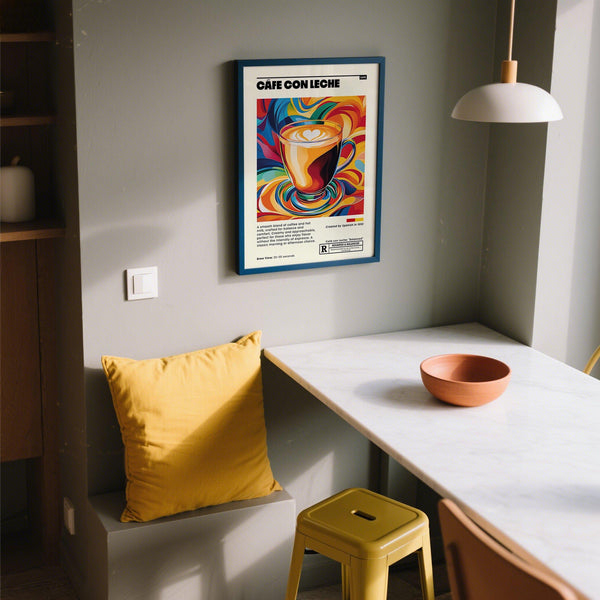 Spanish-inspired cafe con leche art print ideal for coffee corner decor.