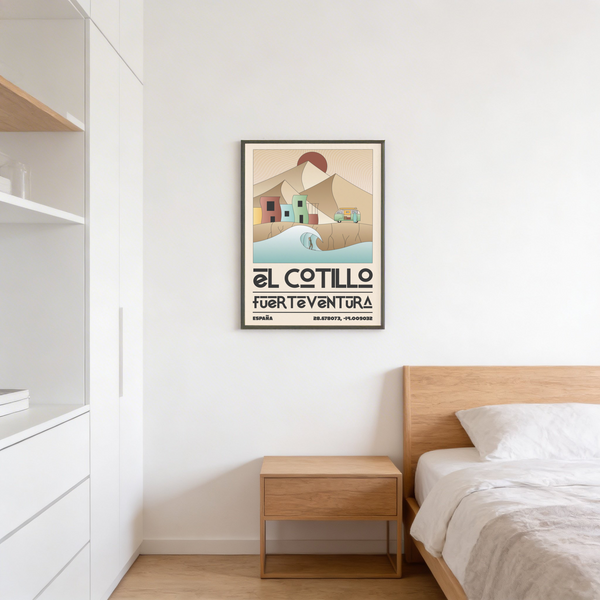 Typographic wall art poster featuring El Cotillo and Fuerteventura lettering with Spain reference line