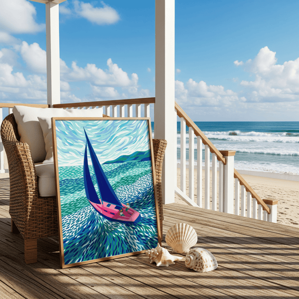 Vivid Sailboat Art Print in pink, blue, green shades for bedroom wall