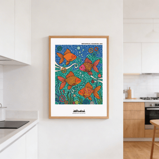 Capturing aquatic illustration print with four fish, circular bubbles, and decorative plant forms