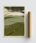 Winding line through layered hills golf wall print with grain texture