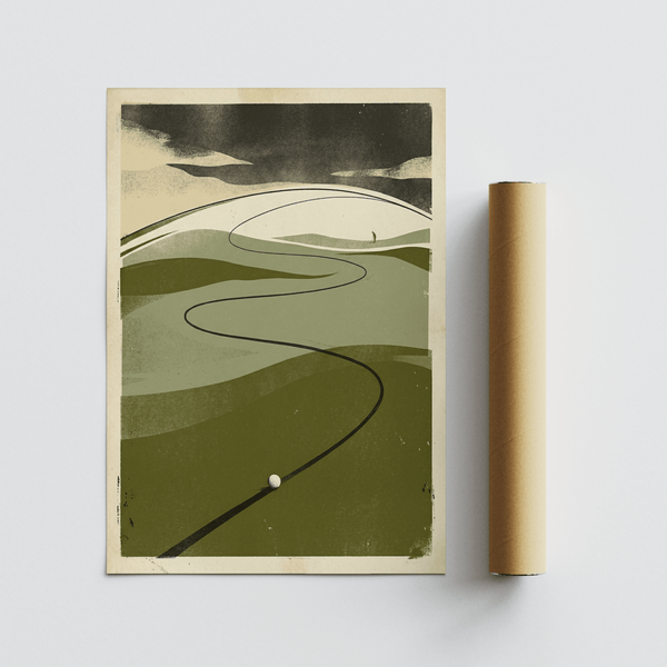 Winding line through layered hills golf wall print with grain texture