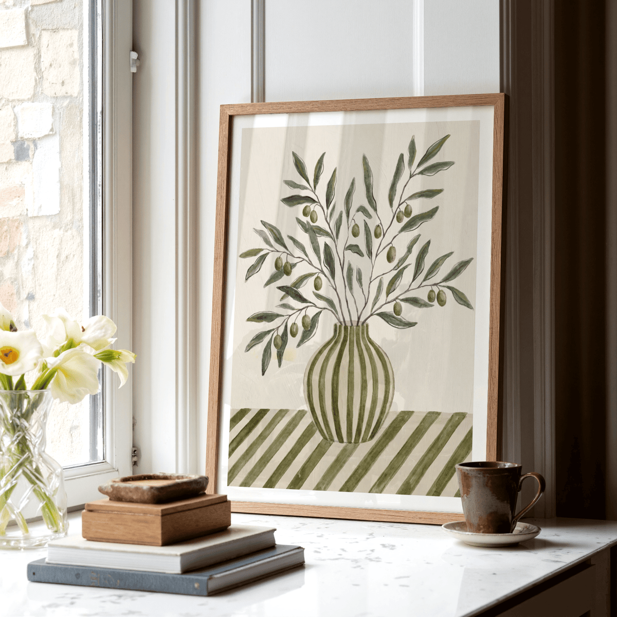 Botanical Olive Branch Art in white frame, perfect for dining room poster