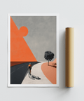 Poster print with cyclist shadow on the road and off-center tree in a sparse landscape