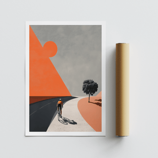 Poster print with cyclist shadow on the road and off-center tree in a sparse landscape