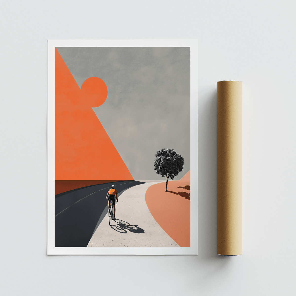 Poster print with cyclist shadow on the road and off-center tree in a sparse landscape