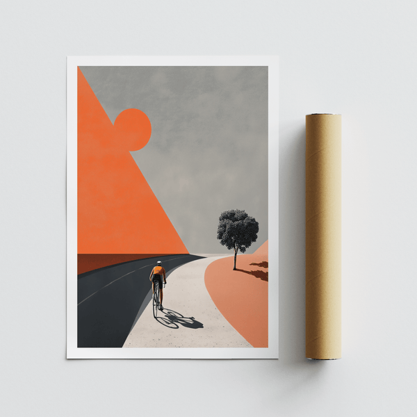 Poster print with cyclist shadow on the road and off-center tree in a sparse landscape