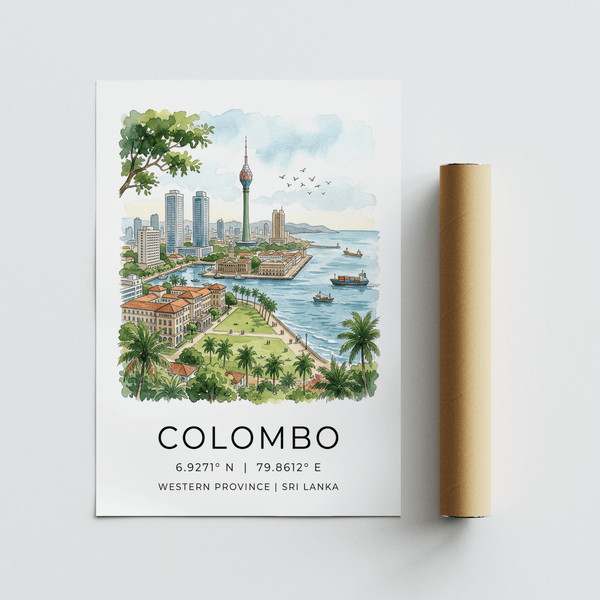 Multicolored Colombo Skyline Art Print poster with city waterfront, palms, and birds