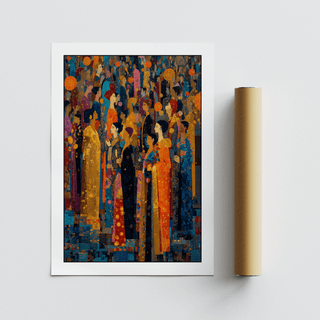 Close-up of Indian Festival Art print with ornate clothing details and circular motifs