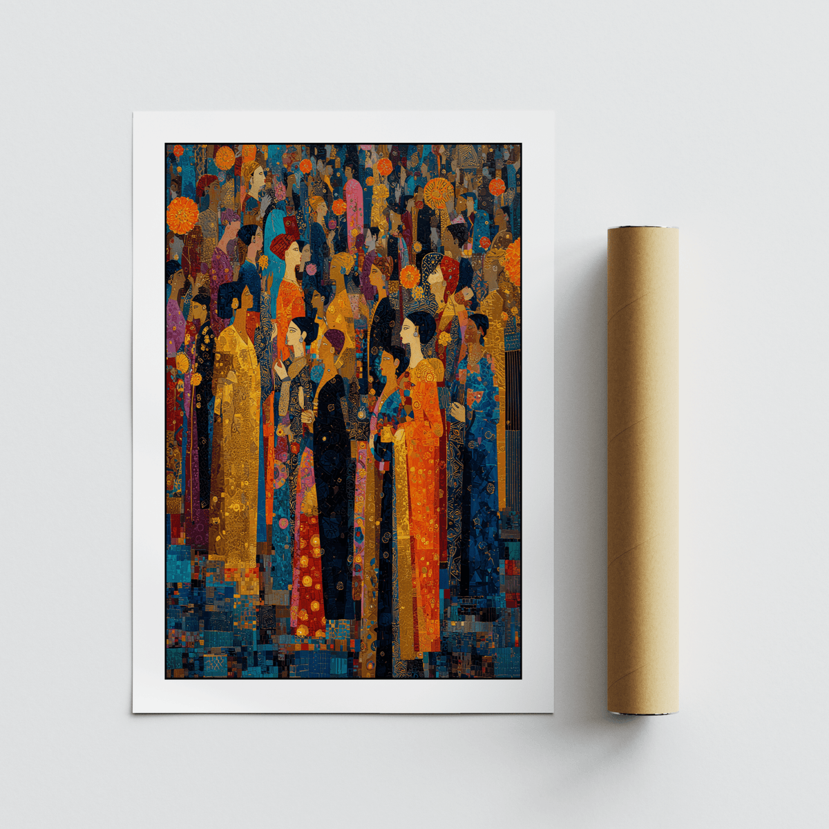 Close-up of Indian Festival Art print with ornate clothing details and circular motifs
