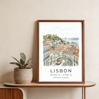 Lisbon City Art Print featuring layered rooftops and curved tracks