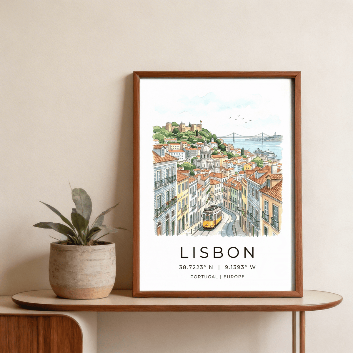 Lisbon City Art Print featuring layered rooftops and curved tracks