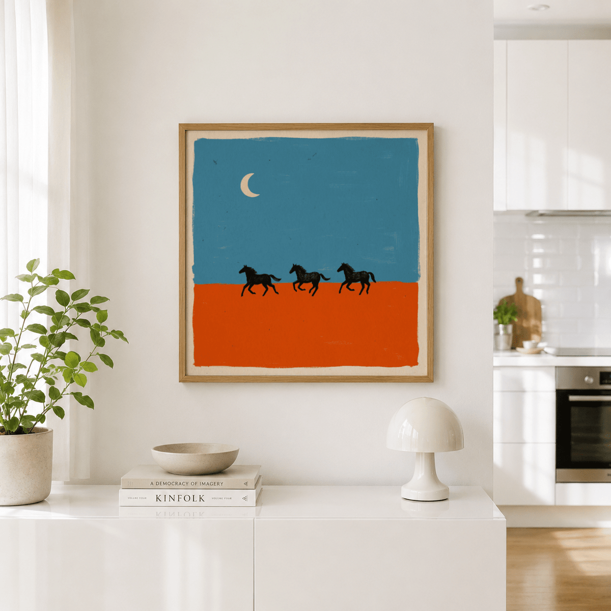 Modern animal wall art print featuring three horse silhouettes and a crescent moon shape