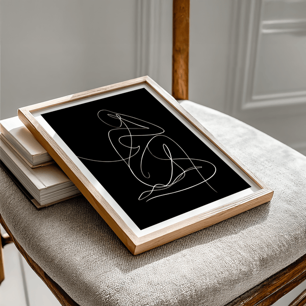 Single-line seated figure illustration poster, black base and white outline