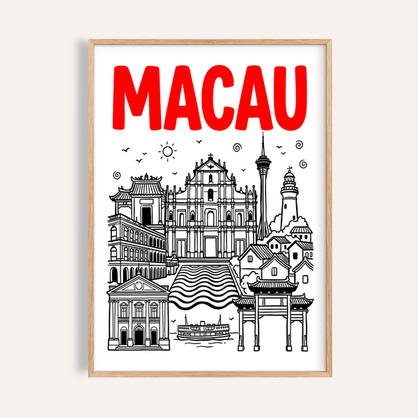 Macau Travel Art poster showing layered skyline in red black white