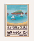 Coastal bay wall art poster with three sailboats and island hill, Isla Santa Clara San Sebastian text