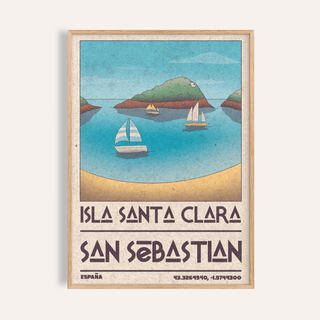 Coastal bay wall art poster with three sailboats and island hill, Isla Santa Clara San Sebastian text