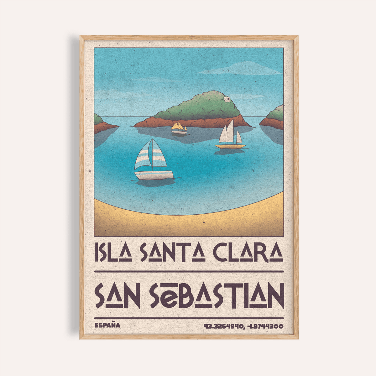 Coastal bay wall art poster with three sailboats and island hill, Isla Santa Clara San Sebastian text