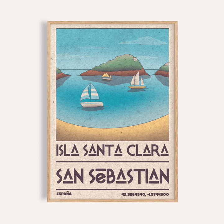 Coastal bay wall art poster with three sailboats and island hill, Isla Santa Clara San Sebastian text