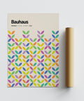 Colorful Bauhaus poster print with a Weimar 1923 date and geometric floral repetition.